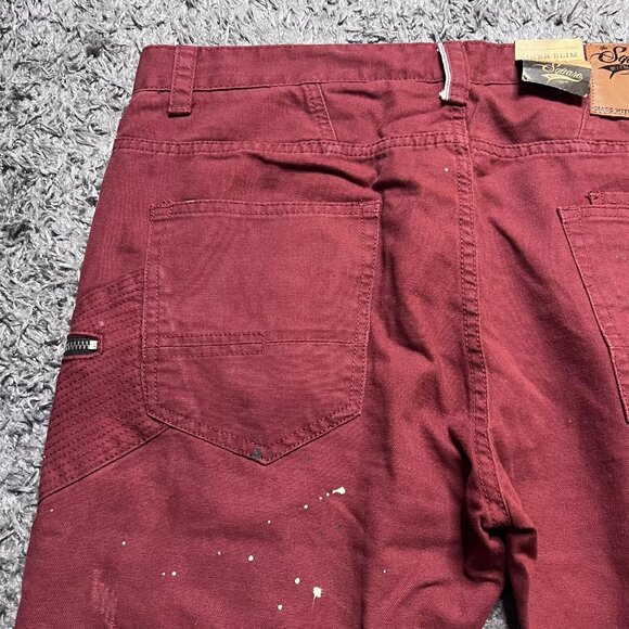 Square Zero Jeans Mens 36x33 Red Denim Distressed Biker Slim Paint Zipper Logo - Picture 8 of 16